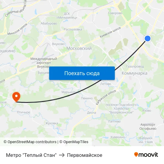 Метро "Теплый Стан" to Первомайское map