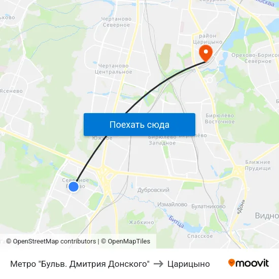 Метро "Бульв. Дмитрия Донского" to Царицыно map