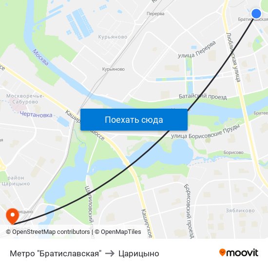 Метро "Братиславская" to Царицыно map