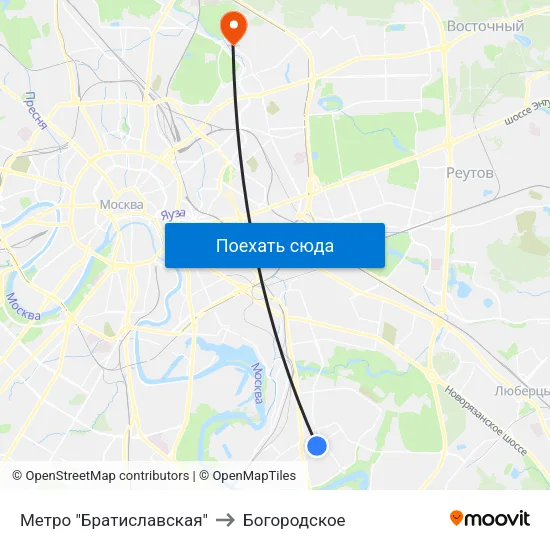 Метро "Братиславская" to Богородское map