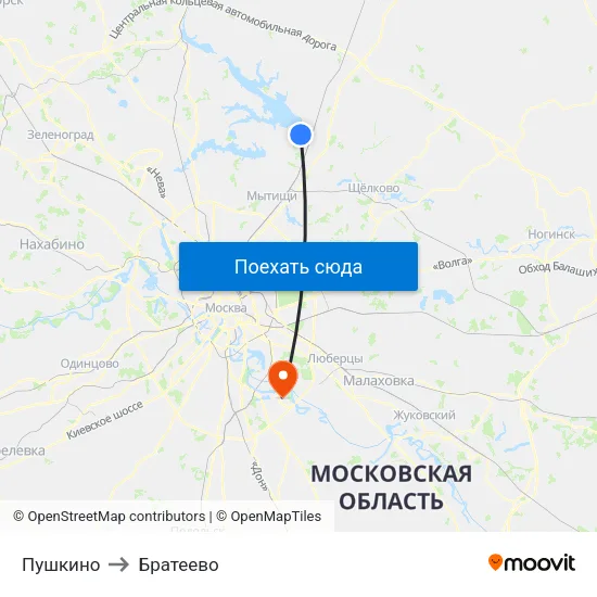 Пушкино to Братеево map