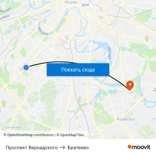 Проспект Вернадского to Братеево map