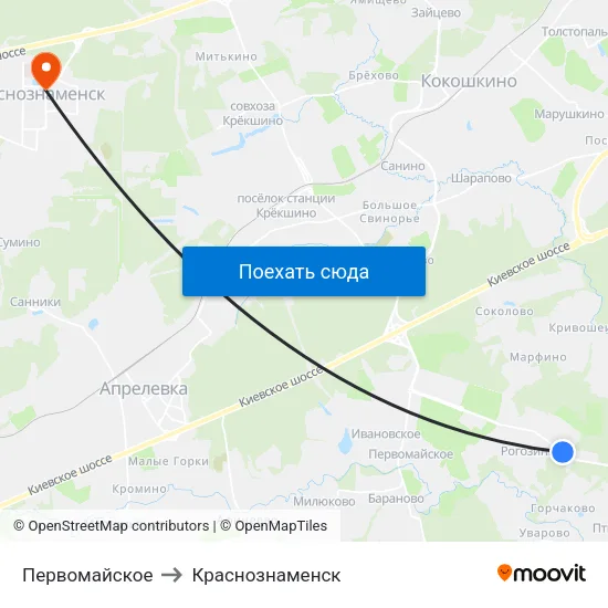 Первомайское to Краснознаменск map