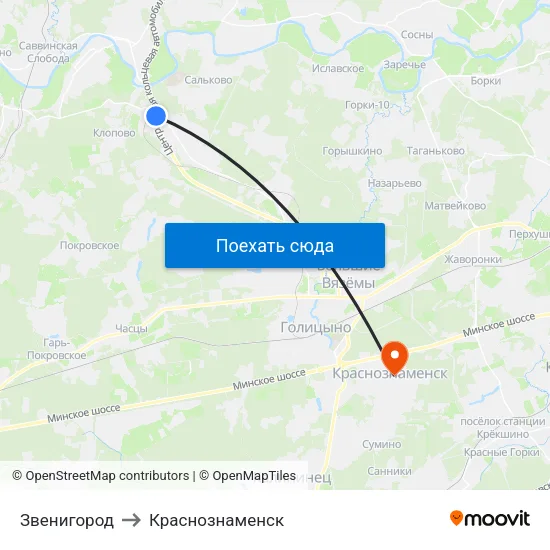 Звенигород to Краснознаменск map