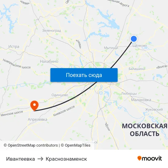 Ивантеевка to Краснознаменск map
