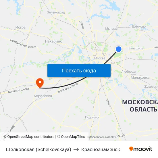 Щелковская (Schelkovskaya) to Краснознаменск map