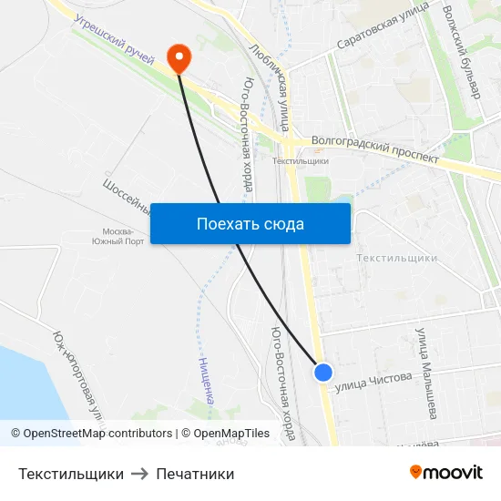 Текстильщики to Печатники map