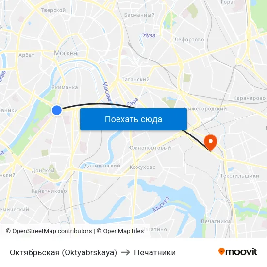 Октябрьская (Oktyabrskaya) to Печатники map