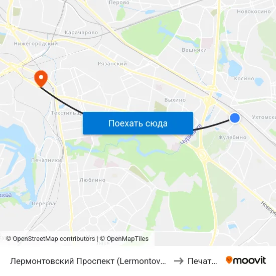 Лермонтовский Проспект (Lermontovsky Prospekt) to Печатники map