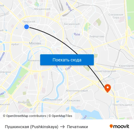 Пушкинская (Pushkinskaya) to Печатники map