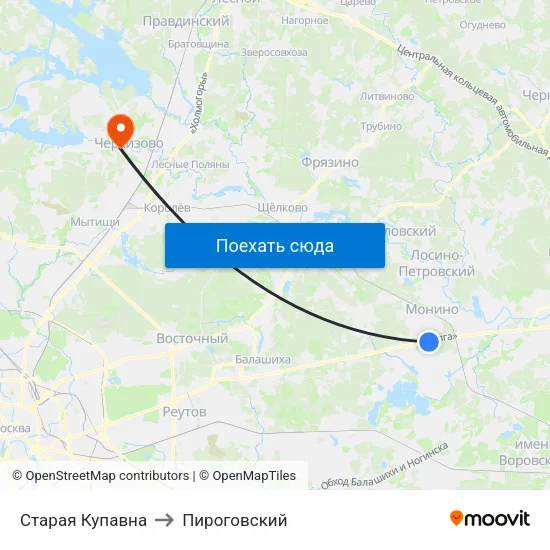 Старая Купавна to Пироговский map
