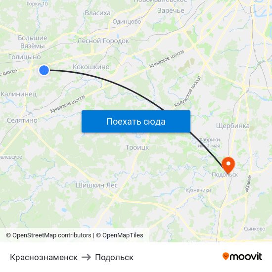 Краснознаменск to Подольск map