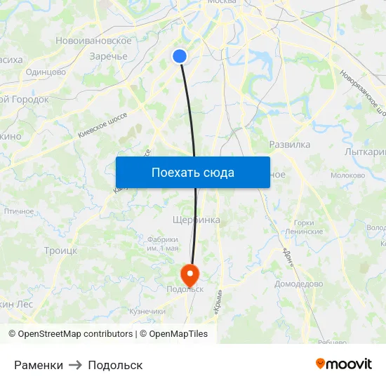 Раменки to Подольск map