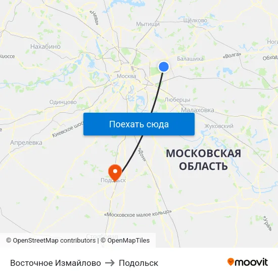 Восточное Измайлово to Подольск map