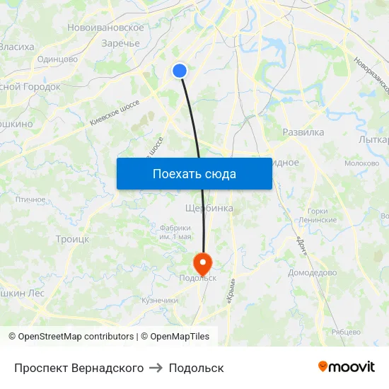 Проспект Вернадского to Подольск map