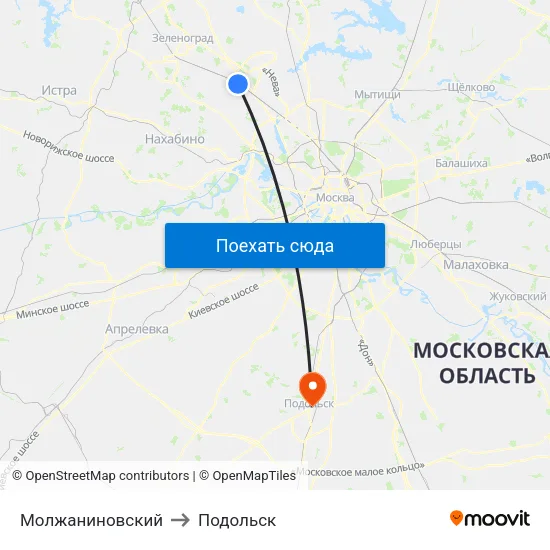 Молжаниновский to Подольск map