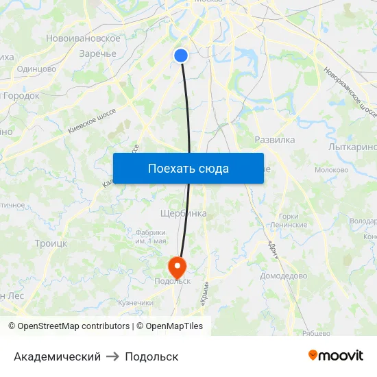 Академический to Подольск map