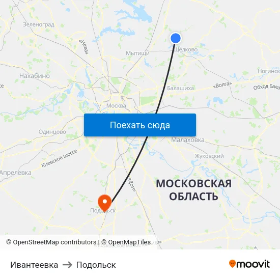 Ивантеевка to Подольск map