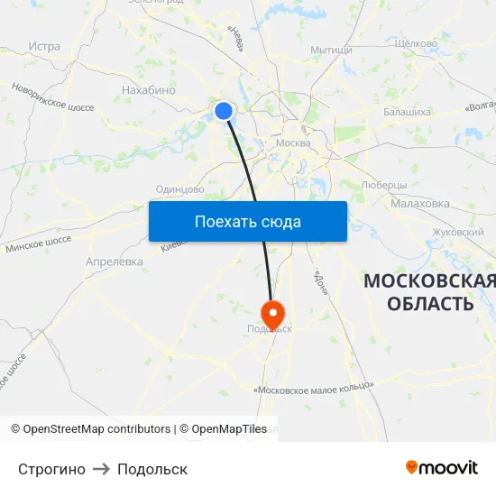 Строгино to Подольск map