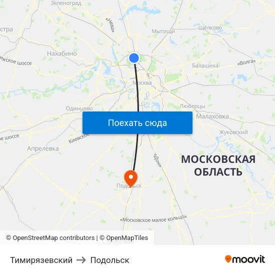 Тимирязевский to Подольск map