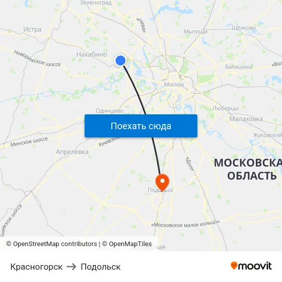 Красногорск to Подольск map