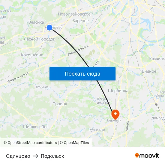 Одинцово to Подольск map