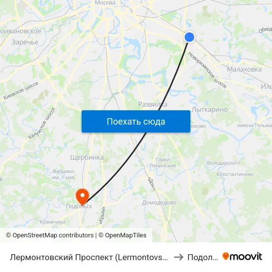 Лермонтовский Проспект (Lermontovsky Prospekt) to Подольск map