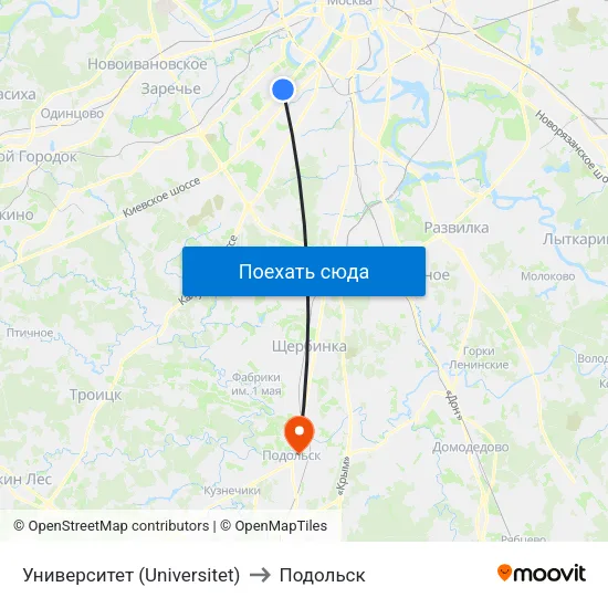 Университет (Universitet) to Подольск map