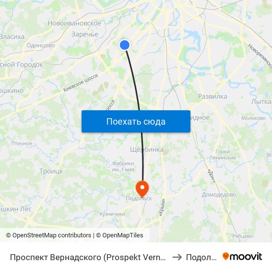 Проспект Вернадского (Prospekt Vernadskogo) to Подольск map