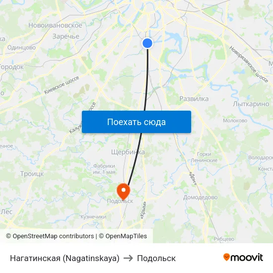 Нагатинская (Nagatinskaya) to Подольск map