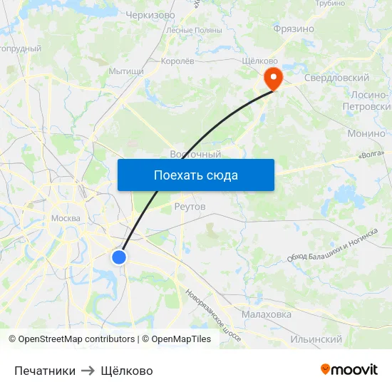 Печатники to Щёлково map