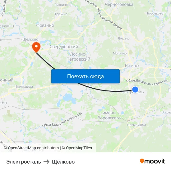 Электросталь to Щёлково map