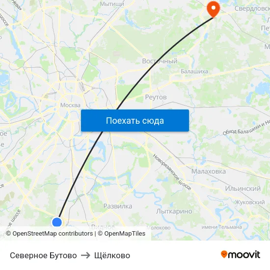 Северное Бутово to Щёлково map