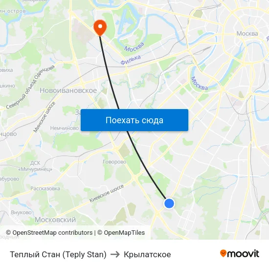 Теплый Стан (Teply Stan) to Крылатское map