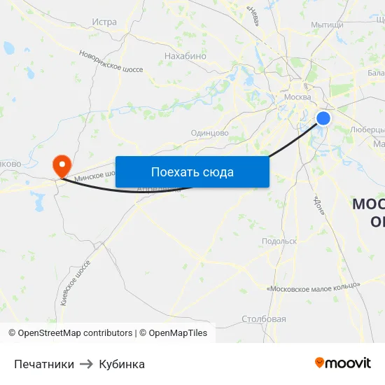 Печатники to Кубинка map