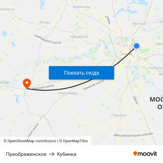 Преображенское to Кубинка map