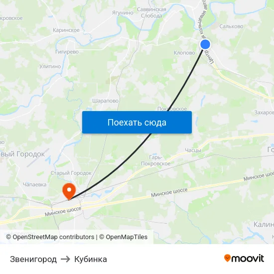 Звенигород to Кубинка map
