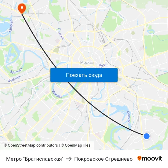 Метро "Братиславская" to Покровское-Стрешнево map