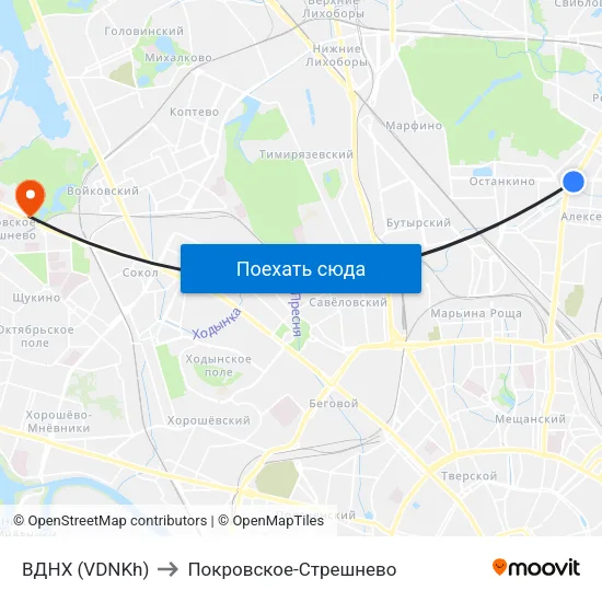 ВДНХ (VDNKh) to Покровское-Стрешнево map
