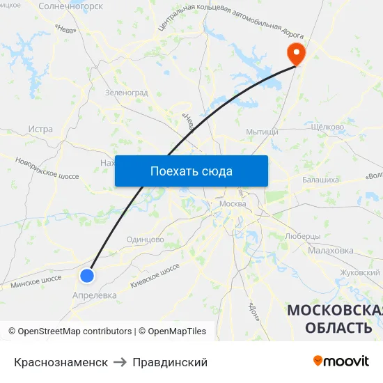 Краснознаменск to Правдинский map