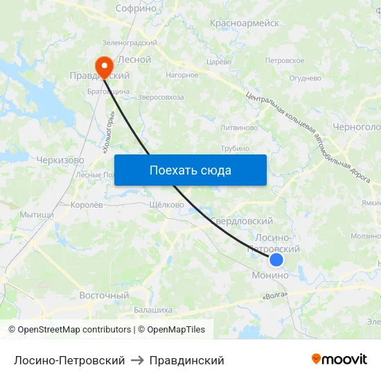 Лосино-Петровский to Правдинский map