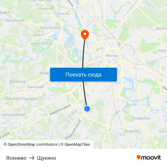 Ясенево to Щукино map