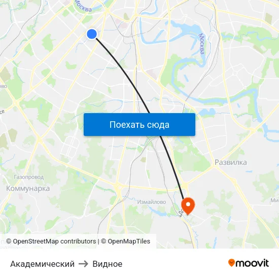 Академический to Видное map