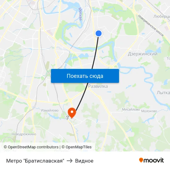 Метро "Братиславская" to Видное map