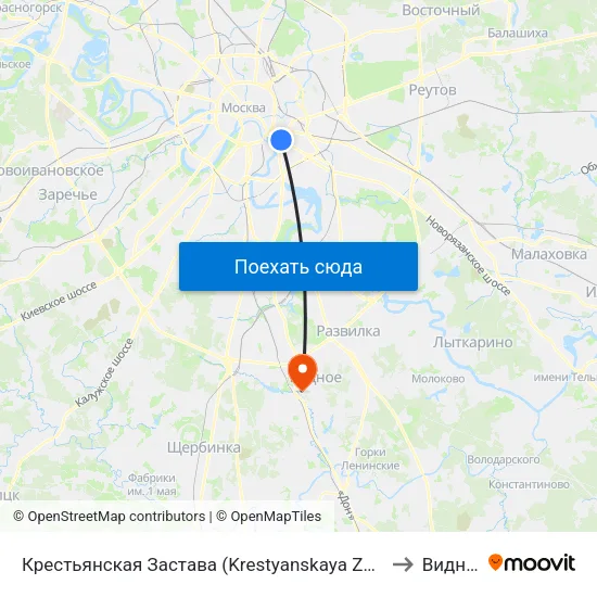 Крестьянская Застава (Krestyanskaya Zastava) to Видное map