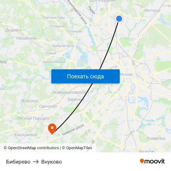 Бибирево to Внуково map