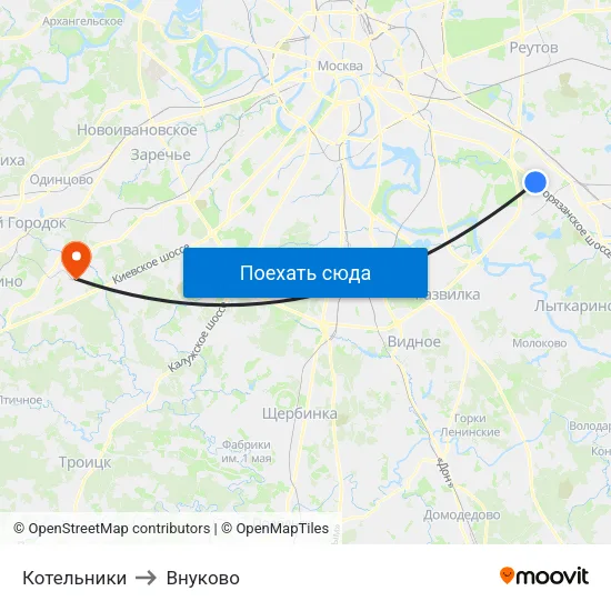 Котельники to Внуково map
