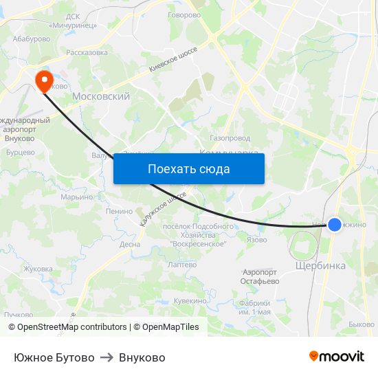 Южное Бутово to Внуково map