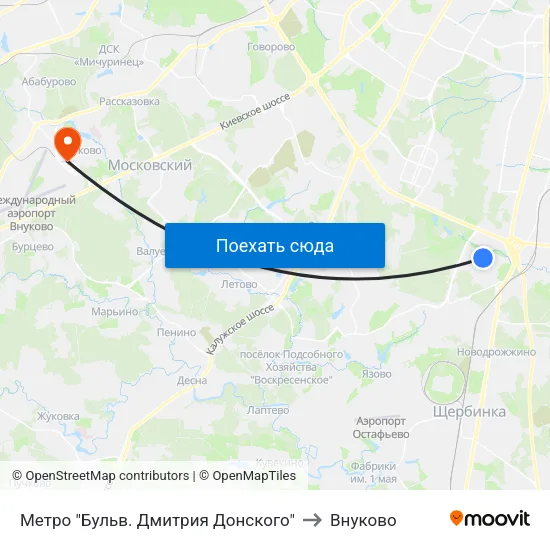 Метро "Бульв. Дмитрия Донского" to Внуково map