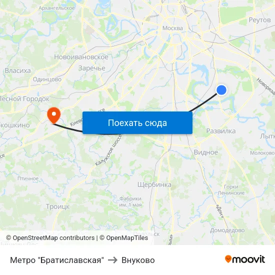 Метро "Братиславская" to Внуково map